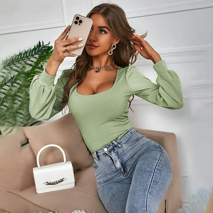 Square Neck T Shirts Puff Long Sleeve Shirts for Women Slim Fitted Tee Tops