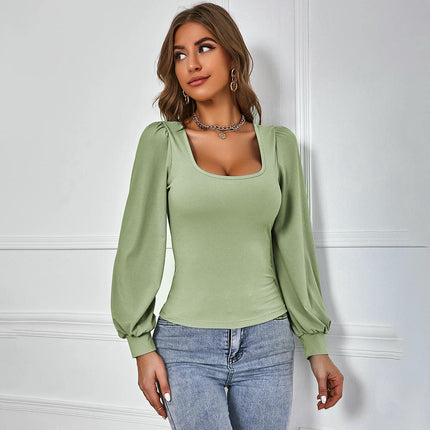 Square Neck T Shirts Puff Long Sleeve Shirts for Women Slim Fitted Tee Tops