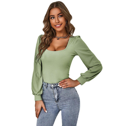 Square Neck T Shirts Puff Long Sleeve Shirts for Women Slim Fitted Tee Tops