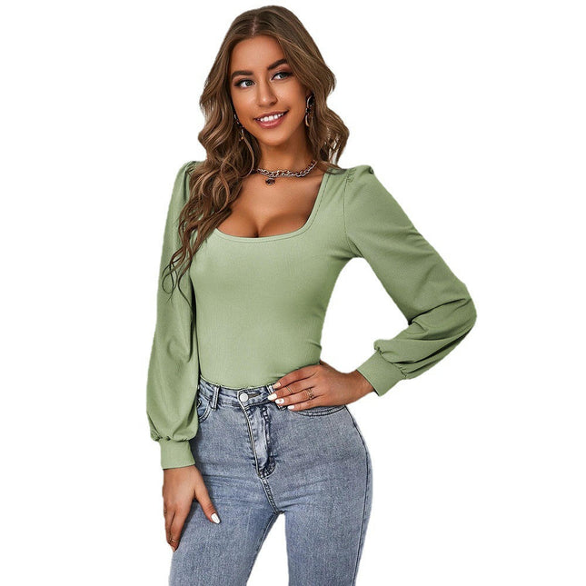 Square Neck T Shirts Puff Long Sleeve Shirts for Women Slim Fitted Tee Tops