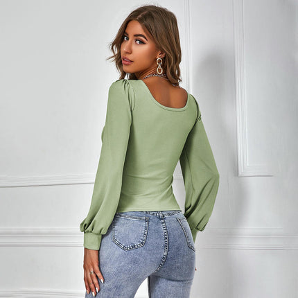 Square Neck T Shirts Puff Long Sleeve Shirts for Women Slim Fitted Tee Tops