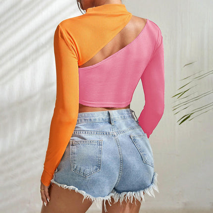 Women's Color Block T Shirt Cut Out Mock Neck Long Sleeve Fitted Crop Top