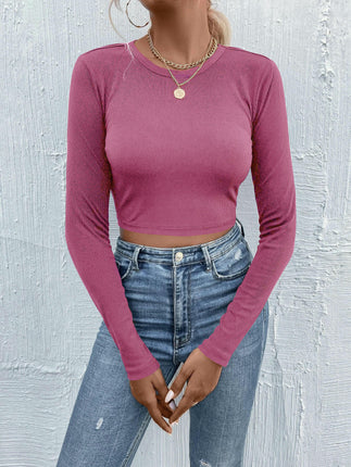 Women's Bow Tie Back T Shirt Crew Neck Long Sleeve Backless Tee Crop Tops