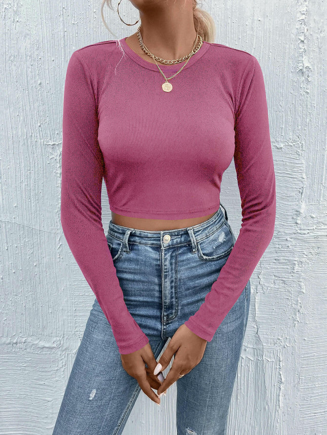 Women's Bow Tie Back T Shirt Crew Neck Long Sleeve Backless Tee Crop Tops