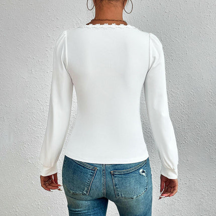 Women's Square Neck Lace Trim Shirts Puff Long Sleeve Slim Fitted Casual Top