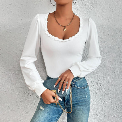 Women's Square Neck Lace Trim Shirts Puff Long Sleeve Slim Fitted Casual Top