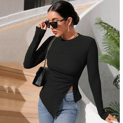 Women's Crewneck Asymmetrical Split Hem T Shirt Long Sleeve Ruched Side Tee Tops