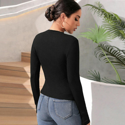 Women's Crewneck Asymmetrical Split Hem T Shirt Long Sleeve Ruched Side Tee Tops