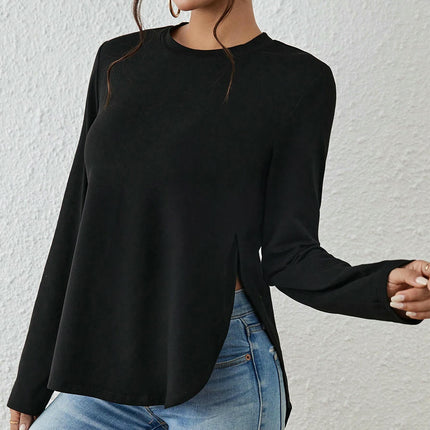 Womens Long Sleeve Round Neck T Shirts Side Slit Casual Loose Top