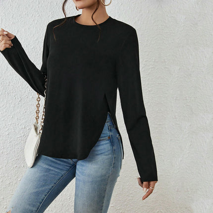 Womens Long Sleeve Round Neck T Shirts Side Slit Casual Loose Top