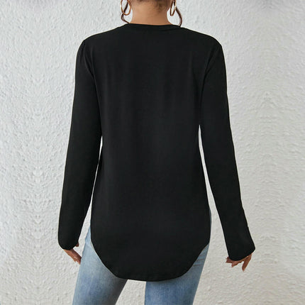 Womens Long Sleeve Round Neck T Shirts Side Slit Casual Loose Top
