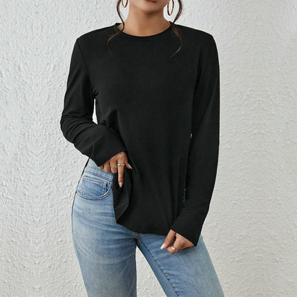 Womens Long Sleeve Round Neck T Shirts Side Slit Casual Loose Top