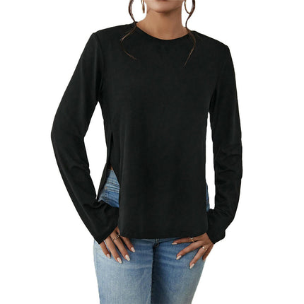 Womens Long Sleeve Round Neck T Shirts Side Slit Casual Loose Top
