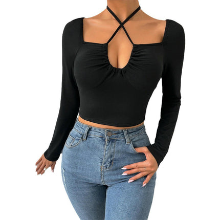Women's Sexy Halter Criss Cross Tie Crop Top Square Neck Long Sleeve Cut Out T Shirt
