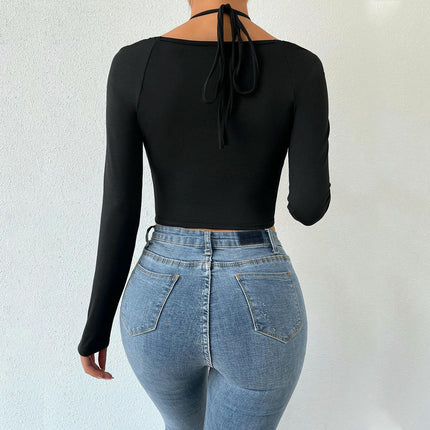 Women's Sexy Halter Criss Cross Tie Crop Top Square Neck Long Sleeve Cut Out T Shirt