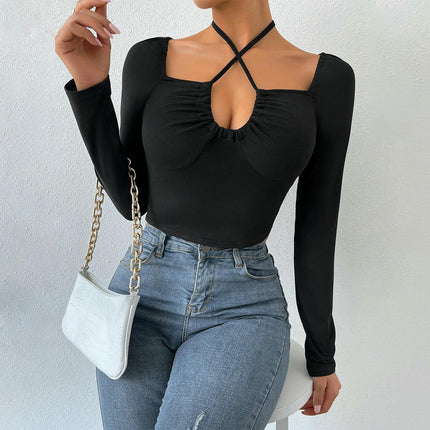 Women's Sexy Halter Criss Cross Tie Crop Top Square Neck Long Sleeve Cut Out T Shirt