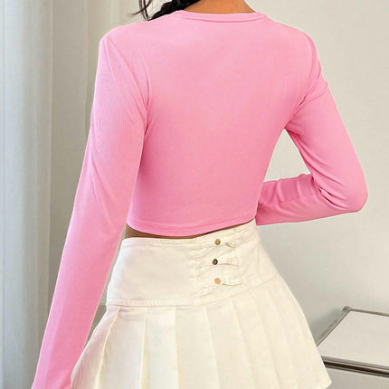 Women's Round Neck Long Sleeve Fitted Crop Top Casual Ruched T Shirts