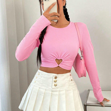 Women's Round Neck Long Sleeve Fitted Crop Top Casual Ruched T Shirts