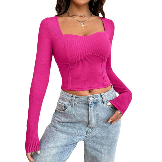 Women's Slim Fitted Sweetheart Neck Long Sleeve Basic T-Shirt Crop Top