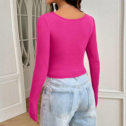 Women's Slim Fitted Sweetheart Neck Long Sleeve Basic T-Shirt Crop Top