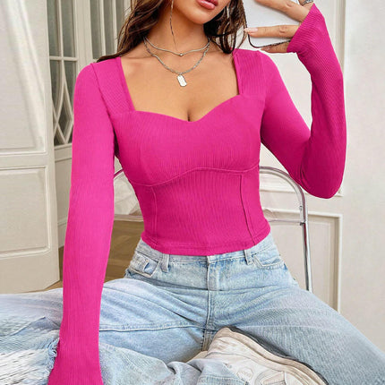 Women's Slim Fitted Sweetheart Neck Long Sleeve Basic T-Shirt Crop Top