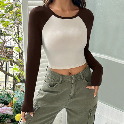 Women's Long Sleeve Crew Neck T Shirts Color Block Slim Fit Crop Tops