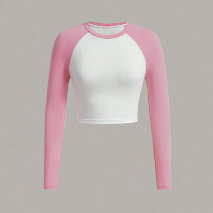 Women's Long Sleeve Crew Neck T Shirts Color Block Slim Fit Crop Tops