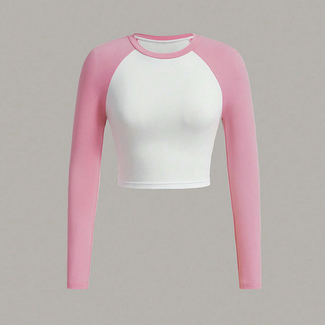 Women's Long Sleeve Crew Neck T Shirts Color Block Slim Fit Crop Tops