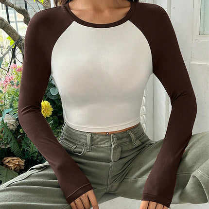 Women's Long Sleeve Crew Neck T Shirts Color Block Slim Fit Crop Tops