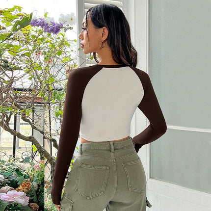 Women's Long Sleeve Crew Neck T Shirts Color Block Slim Fit Crop Tops