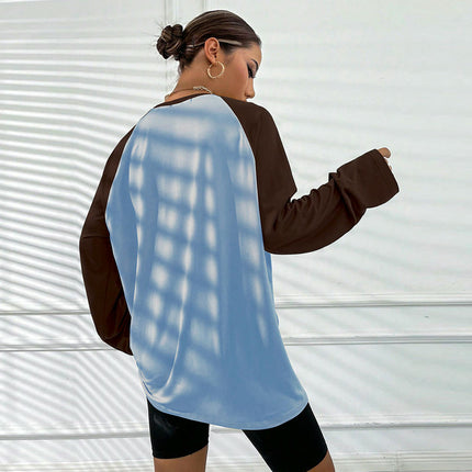 Women's Raglan Long Sleeve T Shirts Crew Neck Color Block Loose Casual Tops