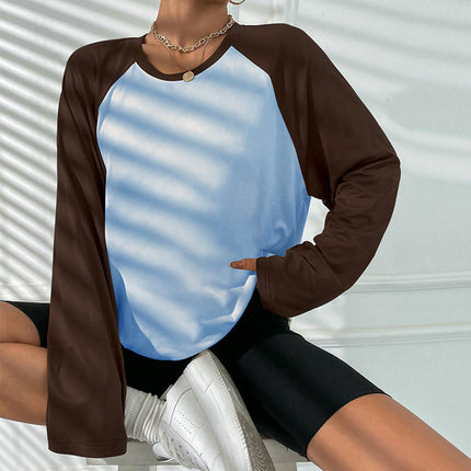 Women's Raglan Long Sleeve T Shirts Crew Neck Color Block Loose Casual Tops