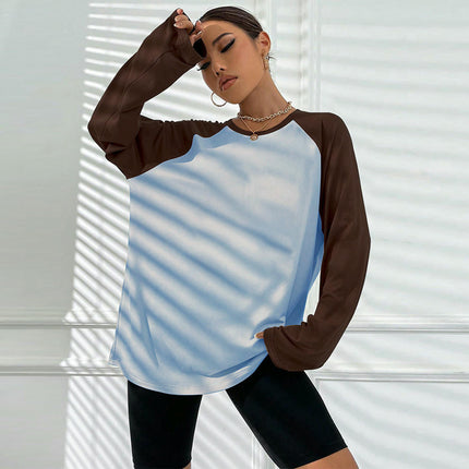 Women's Raglan Long Sleeve T Shirts Crew Neck Color Block Loose Casual Tops