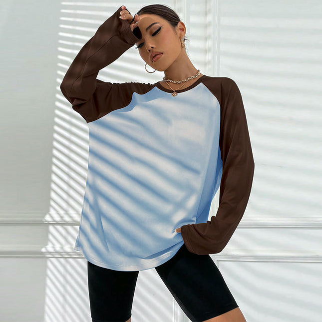 Women's Raglan Long Sleeve T Shirts Crew Neck Color Block Loose Casual Tops