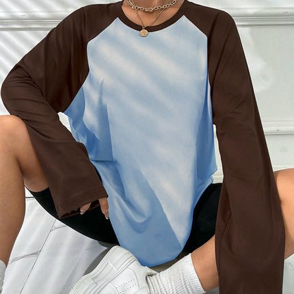 Women's Raglan Long Sleeve T Shirts Crew Neck Color Block Loose Casual Tops