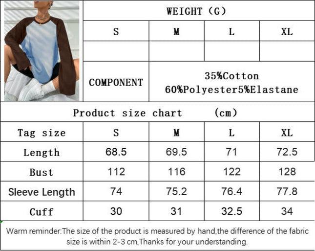 Women's Raglan Long Sleeve T Shirts Crew Neck Color Block Loose Casual Tops