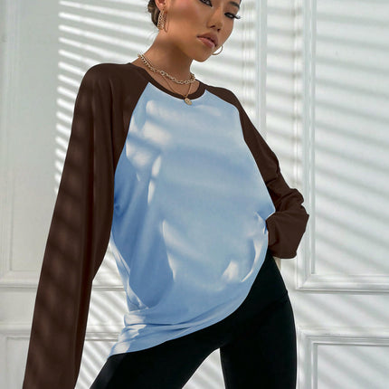 Women's Raglan Long Sleeve T Shirts Crew Neck Color Block Loose Casual Tops