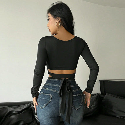 Women's Sexy Ruched Tie Back Crop Top Long Sleeve Cut Out Backless T Shirt