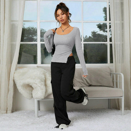 Women's Long Sleeve Crop Tops Scoop Neck Lettuce Trim Side Slit Slim Fit Shirts
