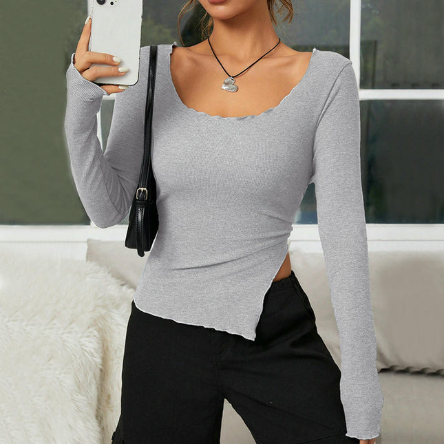 Women's Long Sleeve Crop Tops Scoop Neck Lettuce Trim Side Slit Slim Fit Shirts