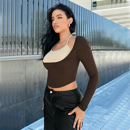 Womens Sexy Halter Neck Crop Top Colorblock Long Sleeve Slim Fit T Shirt