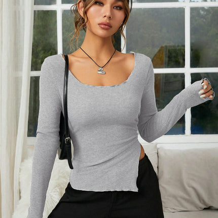 Women's Long Sleeve Crop Tops Scoop Neck Lettuce Trim Side Slit Slim Fit Shirts