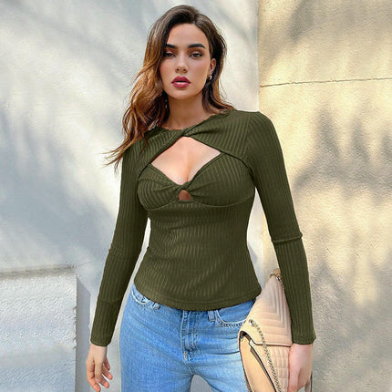 Women Long Sleeve Cutout Crop Tops Slim Fit Twist Front Tee Shirt