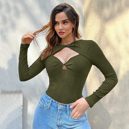 Women Long Sleeve Cutout Crop Tops Slim Fit Twist Front Tee Shirt