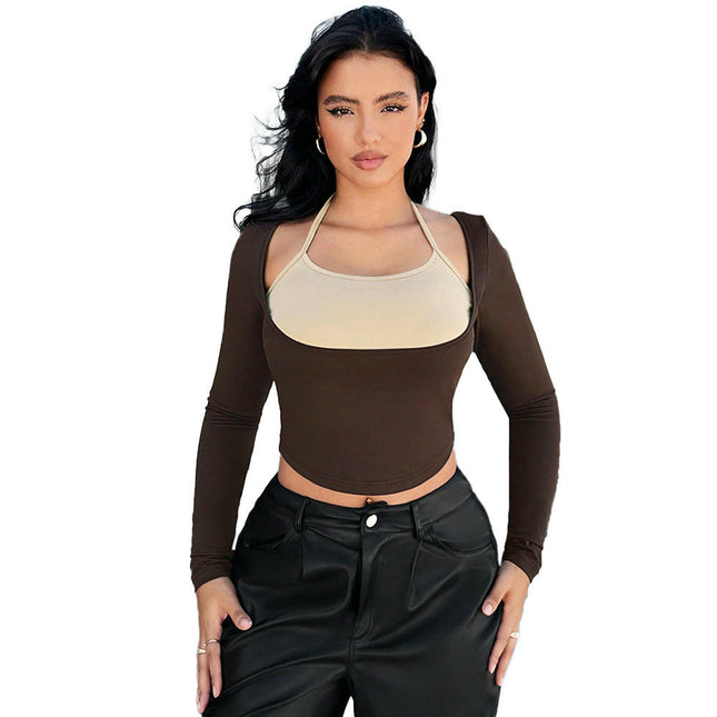 Womens Sexy Halter Neck Crop Top Colorblock Long Sleeve Slim Fit T Shirt