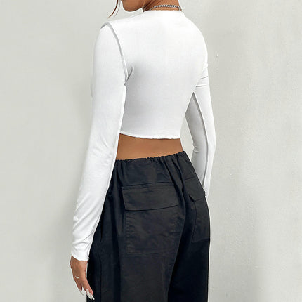 Womens Long Sleeve Crop Tops Cut Out Lace-Up Front Fitted Sexy Casual T-Shirts