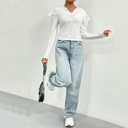 Women's V Neck Ruched T-Shirt Puff Long Sleeve Crop Top Blouse