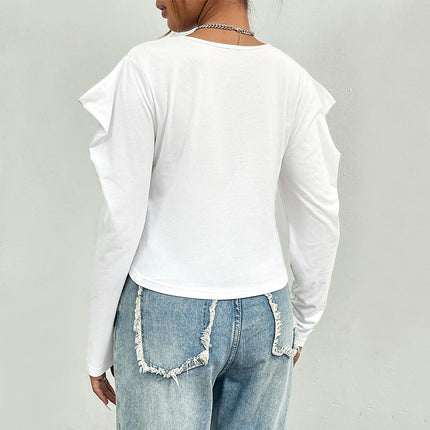 Women's V Neck Ruched T-Shirt Puff Long Sleeve Crop Top Blouse