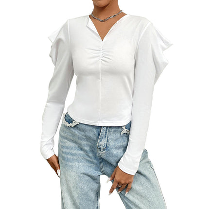 Women's V Neck Ruched T-Shirt Puff Long Sleeve Crop Top Blouse