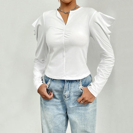 Women's V Neck Ruched T-Shirt Puff Long Sleeve Crop Top Blouse